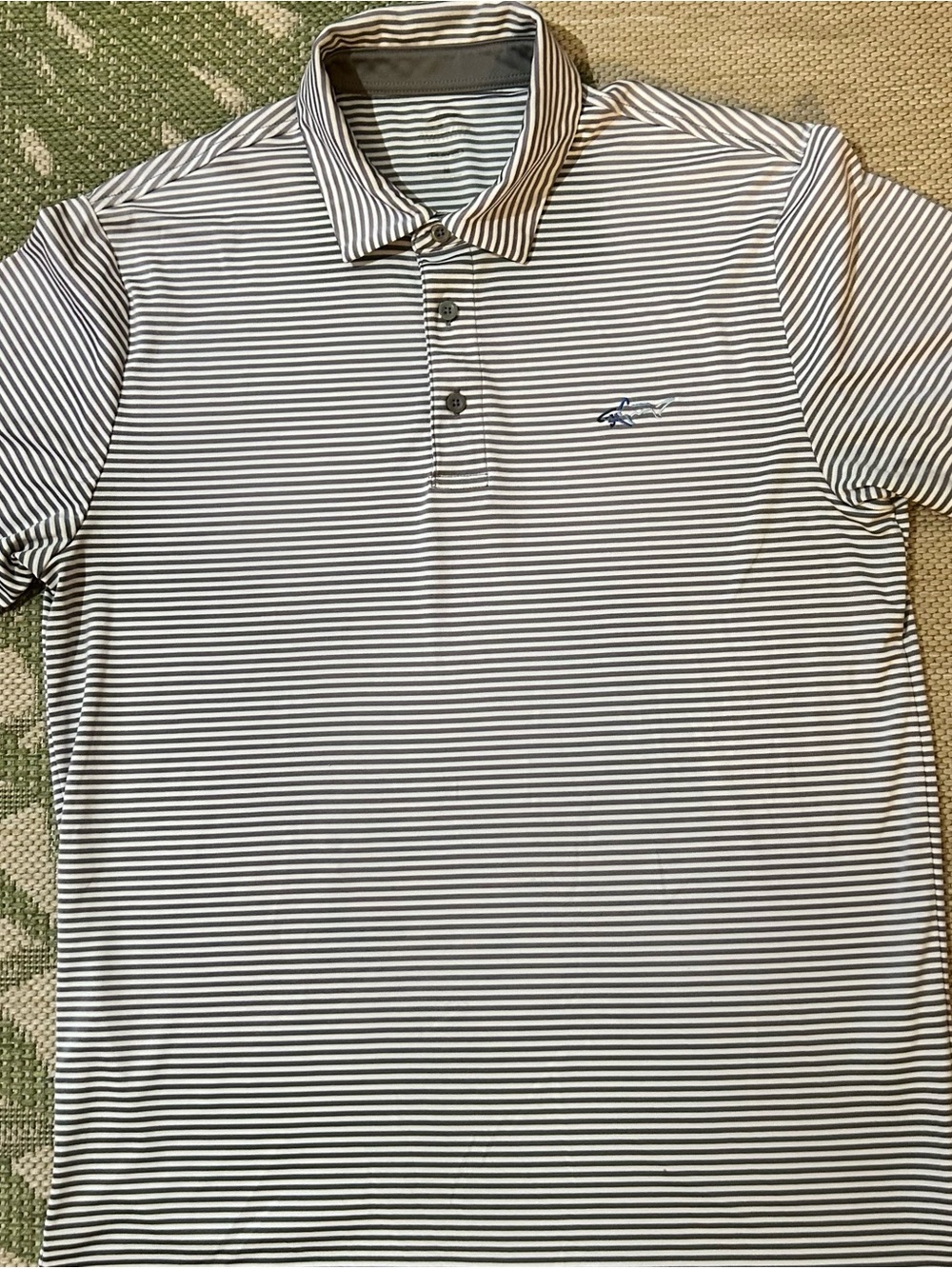 Greg Norman Collection Striped Polo in White and Gray with Shark logo M